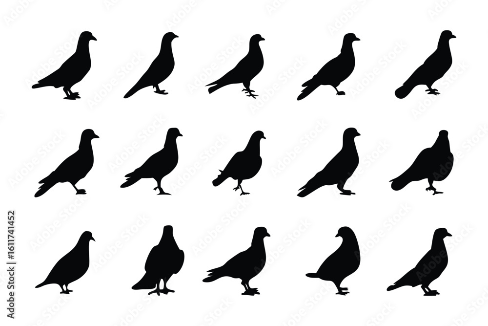 Poster pigeon silhouette array: a monochromatic array of pigeon silhouettes elegantly arranged, capturing t