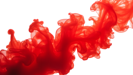 Vibrant red ink cloud dissolving in dark water with transparent background