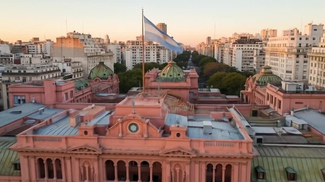 Persons legacy at casa rosada in Argentina under flag and blue sky. Suitable for editorial use in articles about historical landmarks.