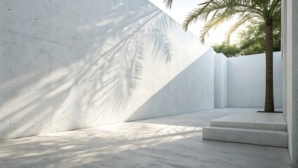 Obraz premium Architectural outdoor space featuring clean white concrete walls and floor, illuminated by soft, diffused natural sunlight, with a tropical palm tree casting artistic shadows.