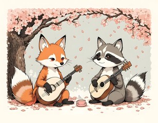 Fox and Raccoon Musical Duet Under Cherry Blossoms: A Charming Springtime Serenade