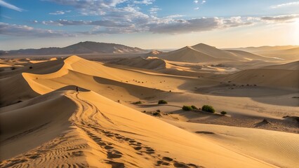 expansive desert dunes under golden sunlight show