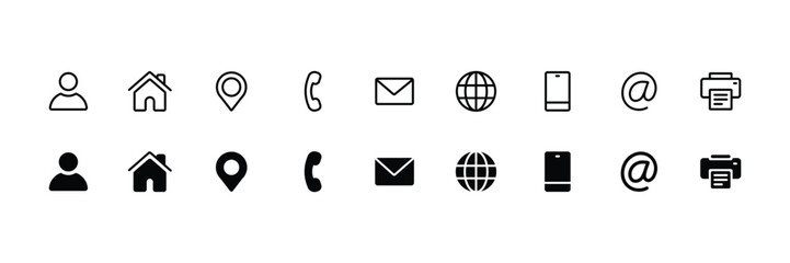 Minimal Contact Information Icons – Business Communication Vector Set for Contact Us, User, Home, Location, Phone, Email, Web, Mobile, UI Design -Line and Solid Style
