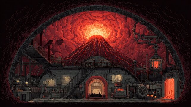 Pixelated steampunk volcano lair