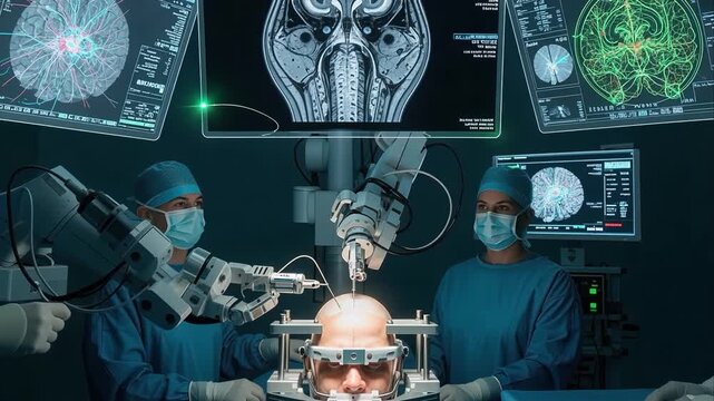 Cutting-edge robotic neurosurgery in a modern operating room. Surgeons operate advanced robotic arms guided by brain scans and digital monitors, medical innovation concept.
