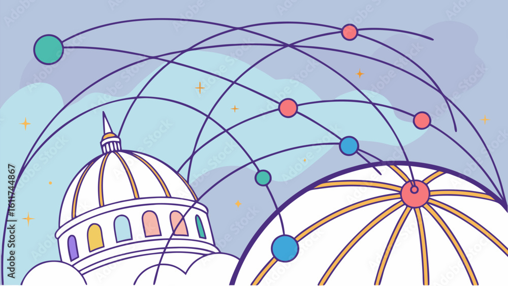 Poster vector illustration showing interconnected domes with network lines and colorful dots against a past