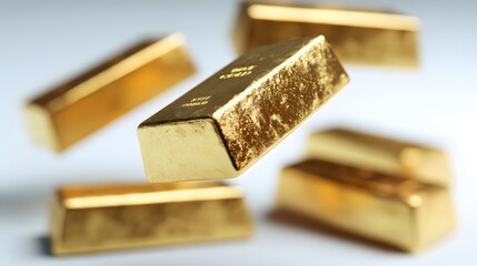 Gold ingots in a group floating in the air.