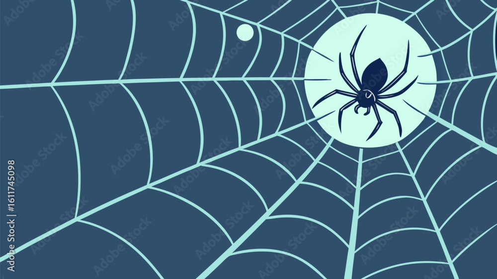 Poster vector illustration of a spider in a web against a moonlit background with a small orb near the corn