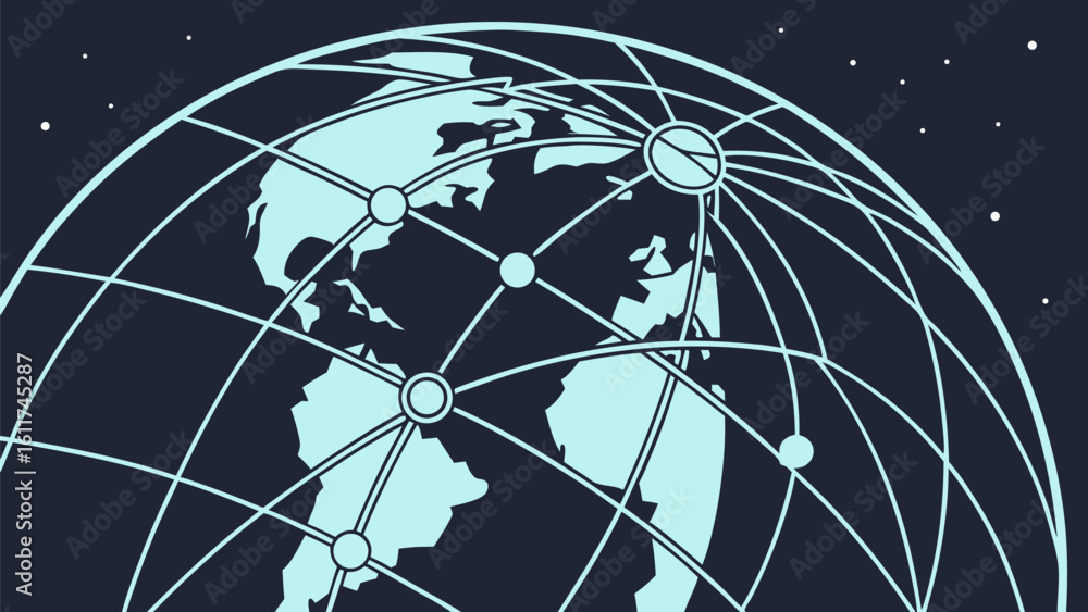 Poster vector illustration of a networked world globe with connecting lines and circles against a starry da
