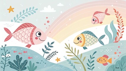 Colorful Underwater World with Friendly Fish and Vibrant Rainbow