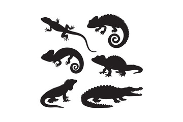 Collection of six black reptile silhouettes on white background