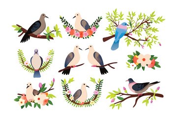 Artistic Birds on Branches: A vibrant arrangement of whimsical birds perched on verdant branches, encircled by colorful flowers and leaves, offering a visual tapestry of nature's artistry. 