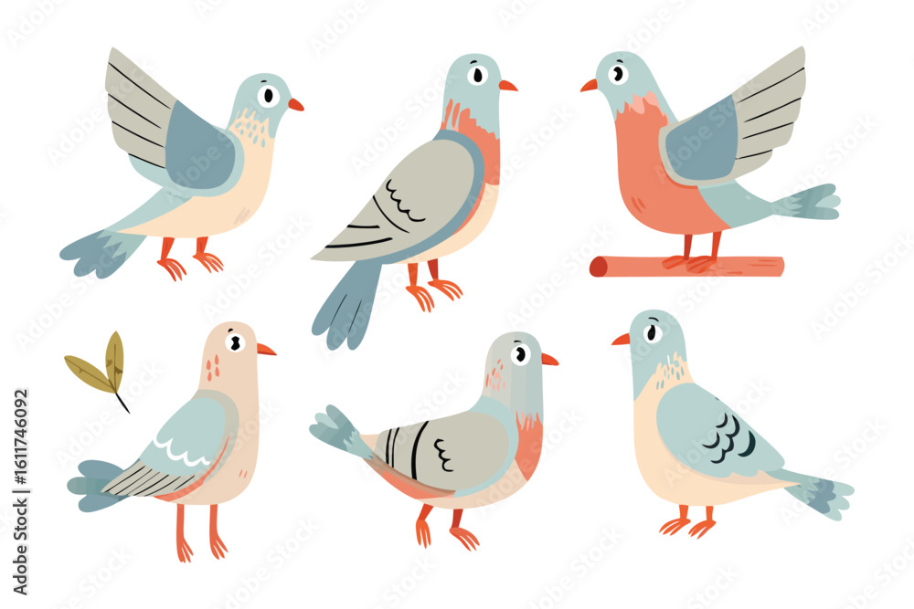 Poster whimsical pigeons illustration: a charming illustration presents a delightful array of cartoon pigeo