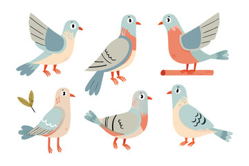 Whimsical Pigeons Illustration: A charming illustration presents a delightful array of cartoon pigeons in various poses, perfect for adding a touch of playfulness and creativity to any project.
