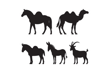 Collection of silhouette farm animals including horses camels donkeys and goats
