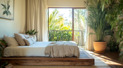 A tranquil bedroom with a wooden platform bed, a soft woven throw, a large potted palm in the corner, and a sliding door that opens onto a private balcony surrounded by greenery.