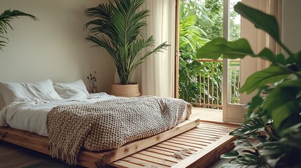 A tranquil bedroom with a wooden platform bed, a soft woven throw, a large potted palm in the corner, and a sliding door that opens onto a private balcony surrounded by greenery.