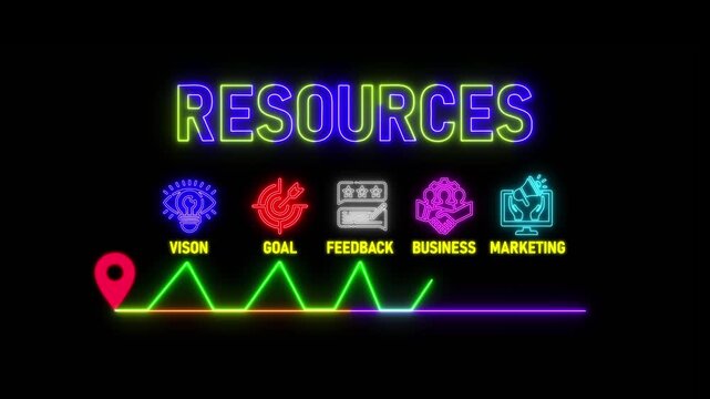 glowing neon resources concept with thin line icons on black background. Infographic design. Chart with animated icons.