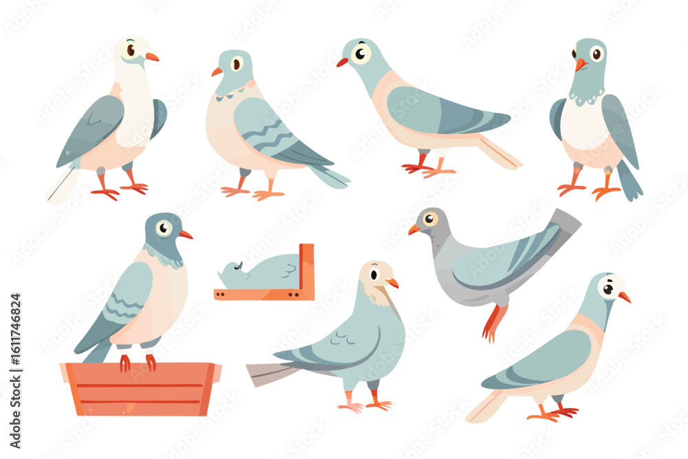 Poster pigeons in artistic perspective: a whimsical assortment of pigeons presented in a charming illustrat