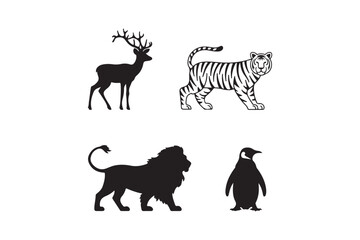 Collection of four distinct animal silhouettes including a deer tiger lion and penguin