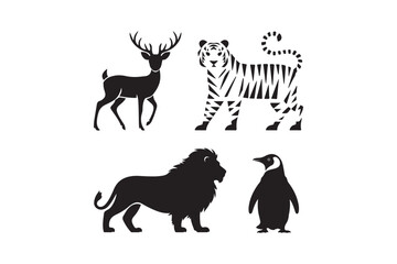Collection of silhouetted wild animals including deer tiger lion and penguin