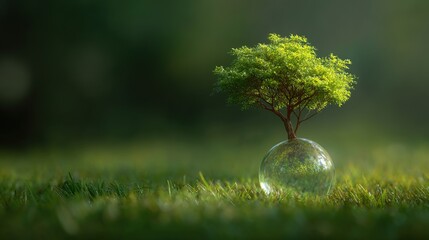 Tree Growing in a Glass Sphere on Lush Green Grass Surface