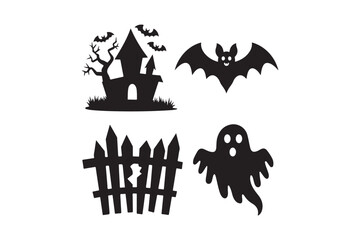 Halloween silhouette icons featuring a haunted house bat fence and ghost