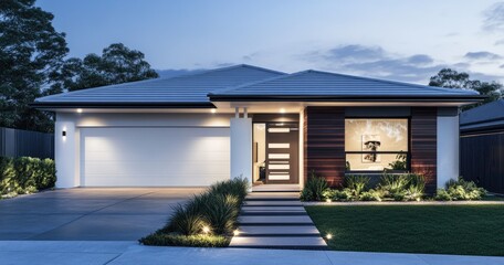Fototapeta premium A modern suburban house facade at twilight.