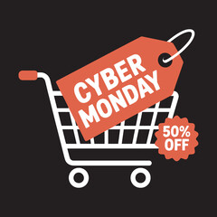 White shopping cart with orange cyber monday tag and 50 percent off