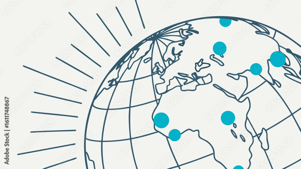 Poster vector a stylized world map with blue dots and radiating lines emanating from the upper left corner 