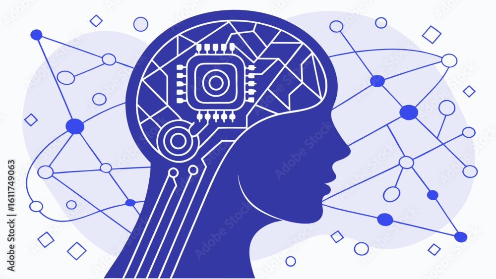Poster vector illustration of a human head profile with a circuit board brain and network connections aroun