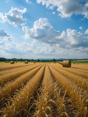 Fototapeta premium Landscape of a fresh plowed wheat field with rolled bales of hay, Dobrogea, Romania