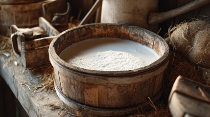 Wooden milk bucket rim with fresh white milk. Traditional farming tools nearby