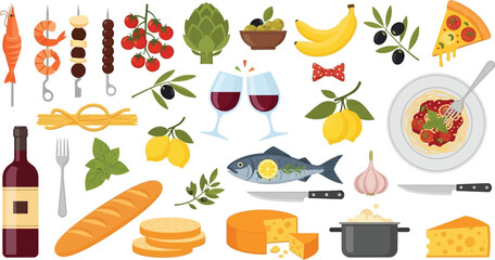 Italian food vector illustration with pasta wine cheese pizza and seafood