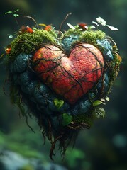 Heart Shape Made of Plants and Organic Elements in Nature Background, surrounded by lush greenery. This artistic representation conveys love, growth, and harmony within the environment, with blur