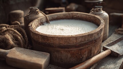 Fototapeta premium Wooden milk bucket rim with fresh white milk. Traditional farming tools nearby