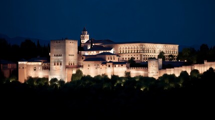 Fototapeta premium Historic Fortress Illuminated with Golden Lights Against a Dark Blue Night Sky