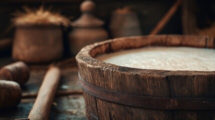 Wooden milk bucket rim with fresh white milk. Traditional farming tools nearby