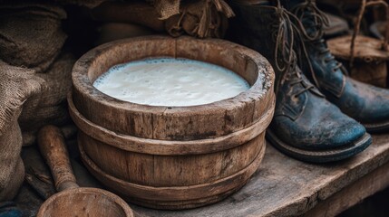 Fototapeta premium Wooden milk bucket rim with fresh white milk. Traditional farming tools nearby