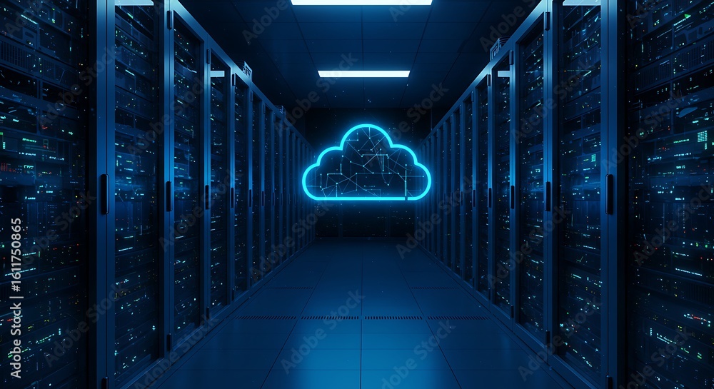 Poster neon cloud symbol in a server room for cloud computing