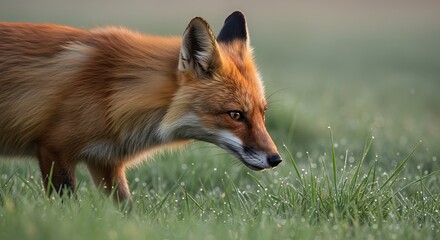 Majestic Red Fox in Morning Dew, Focused on the Grass