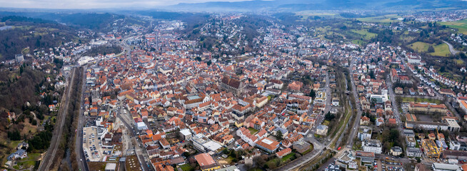 Aerial panoramic view of the old town city Schwäbish Gmünd in Germany, on a sunny autumn day