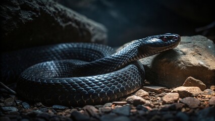 Fototapeta premium Enigmatic Black Snake Coiled Among Stones in Quiet Environment