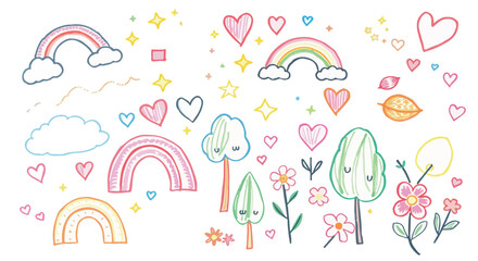 Whimsical pastel sketch of rainbows, hearts, and trees ideal for children’s designs, greeting cards, and classroom decor