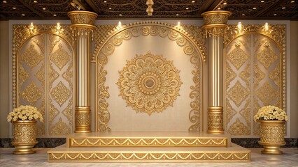 Opulent Gold Stage Backdrop:  Intricate Ornate Design, Elegant Wedding or Event Setting, Luxury Texture.