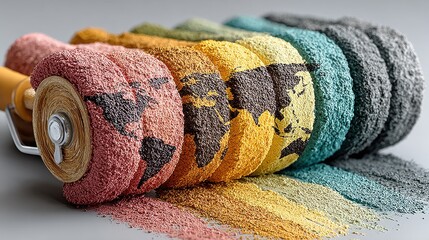 World map applied with paint roller, global promotion metaphor for modern commerce designs.