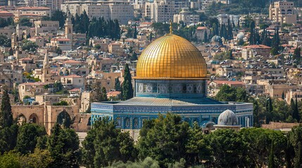 Fototapeta premium Historic Golden Dome of the Rock Mosque on a Sunny Day Overlooking the Ancient Jerusalem Cityscape