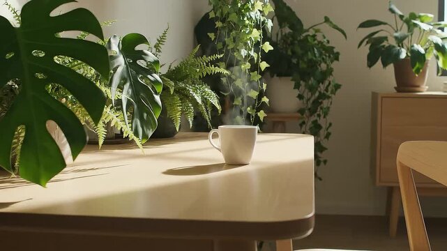 A steaming cup sits on a sunlit table surrounded by lush green houseplants, creating a warm and inviting indoor scene.