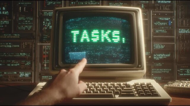 Retro Computer Screen Displaying Task Menu with Hand Gesture