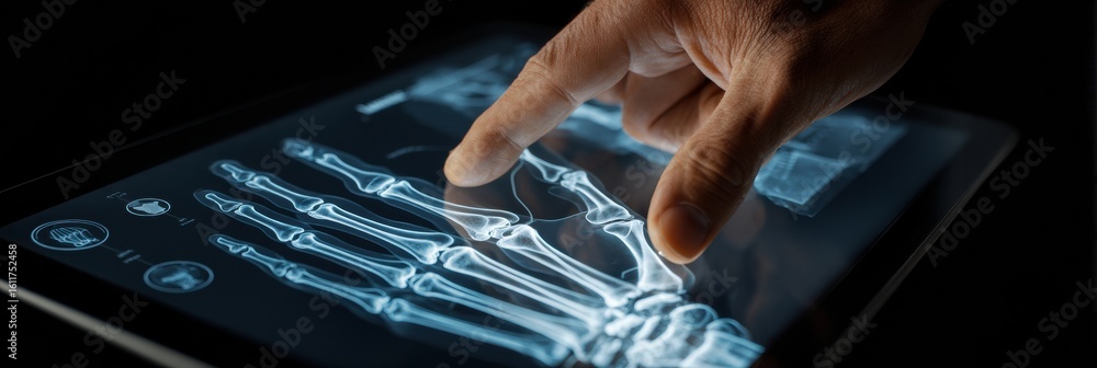 Poster interactive anatomy exploration using augmented reality on a tablet with a hand manipulating bone st